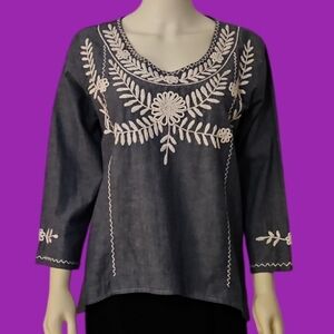 ABRAZO STYLE Floral Mexican Embroidered Assymetric Scoop Neck Chambray Blouse